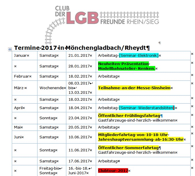 Unsere Club Termine 2017