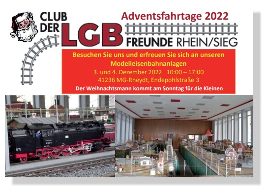 flyer zu unseren Adventsfahrtagen am 3. und 4. Dezember 2022. Club der LGB Freunde Rhein Sieg e.V.